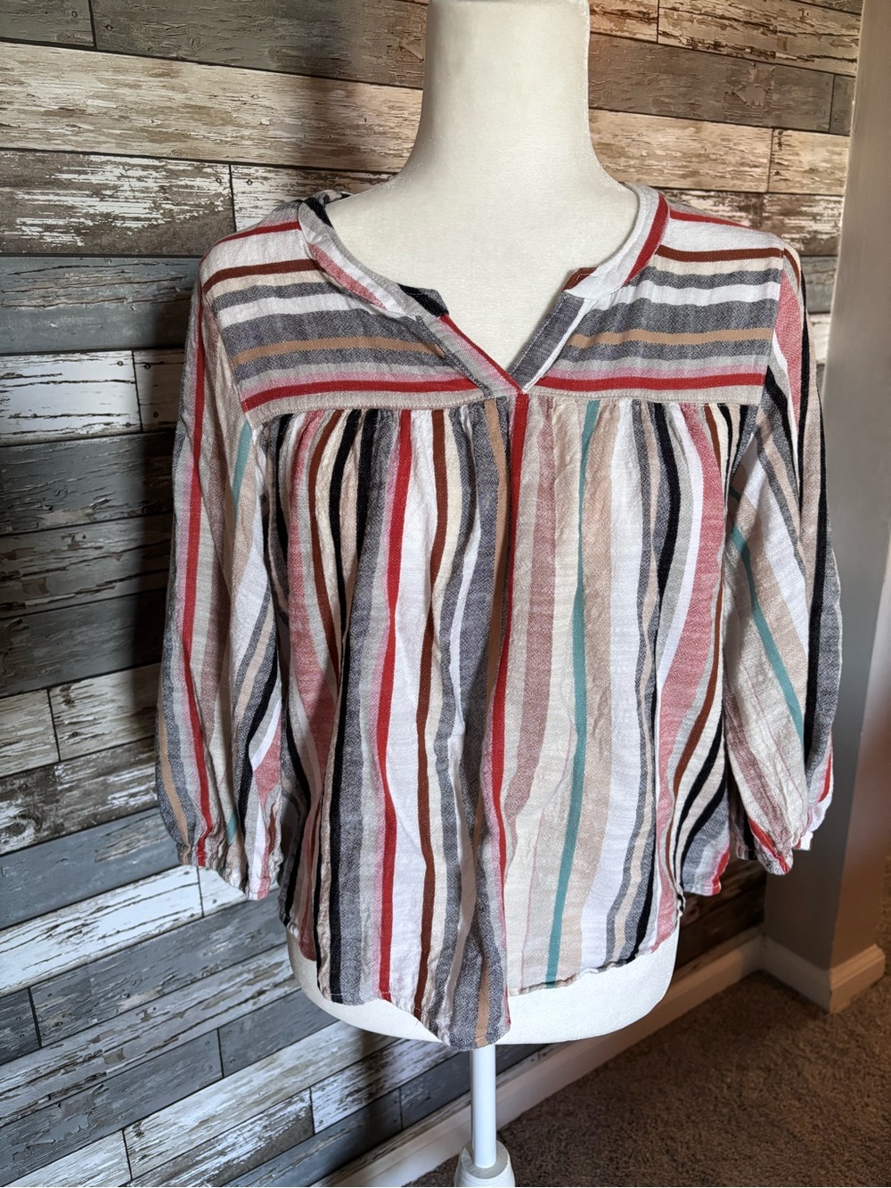 Knox Rose Striped Multi-Color Peasant Tunic Boho V-Neck Blouse Womens Size S